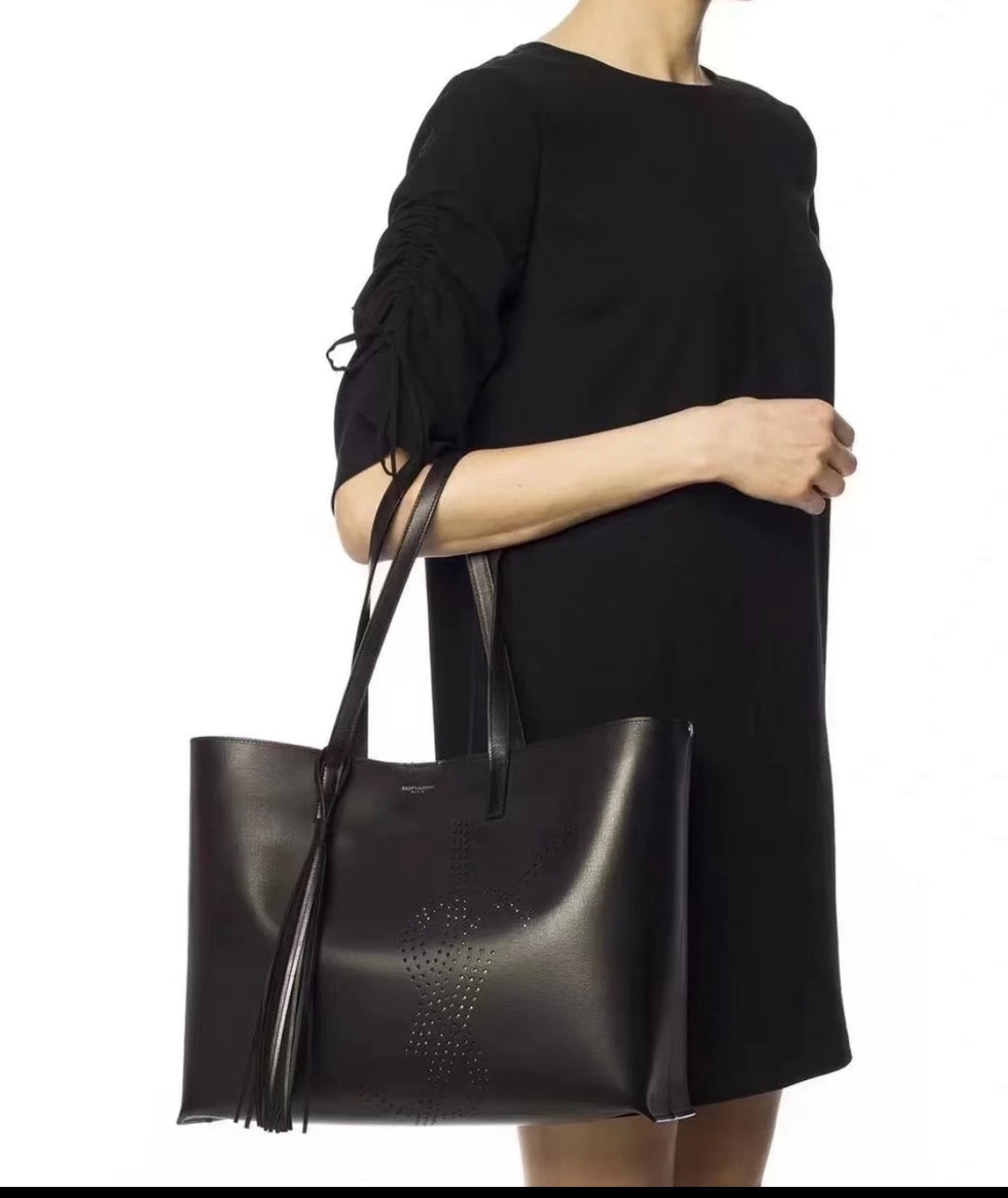 Saint Laurent (YSL) Large Black Leather Tote Bag - with Tassel Charm