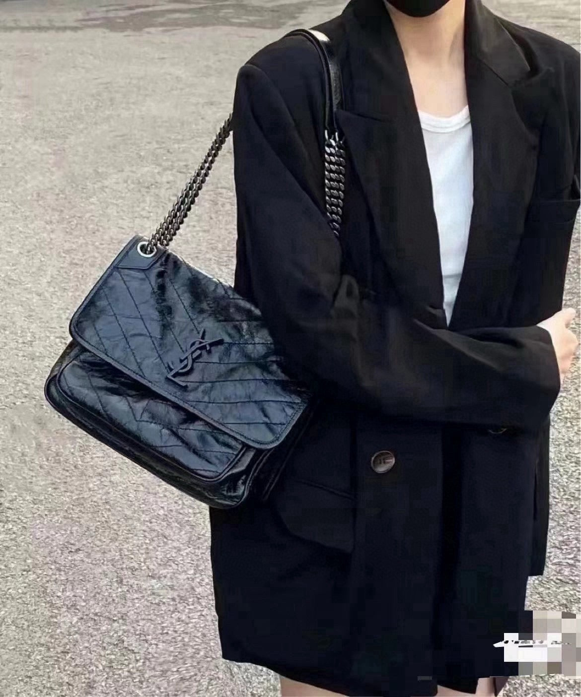 Saint Laurent (YSL) Niki Medium Chain Bag - Black Vintage Crinkled Leather with Matching Hardware (Brand New)