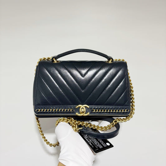 Chanel Chevron Chain Handle Flap Bag - Navy Blue / Gold Hardware (Series 24)