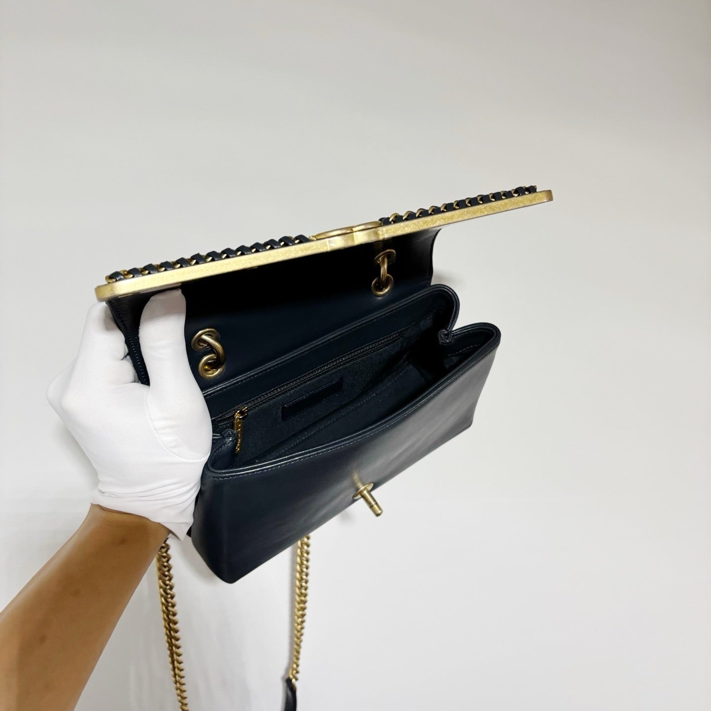 Chanel Chevron Chain Handle Flap Bag - Navy Blue / Gold Hardware (Series 24)