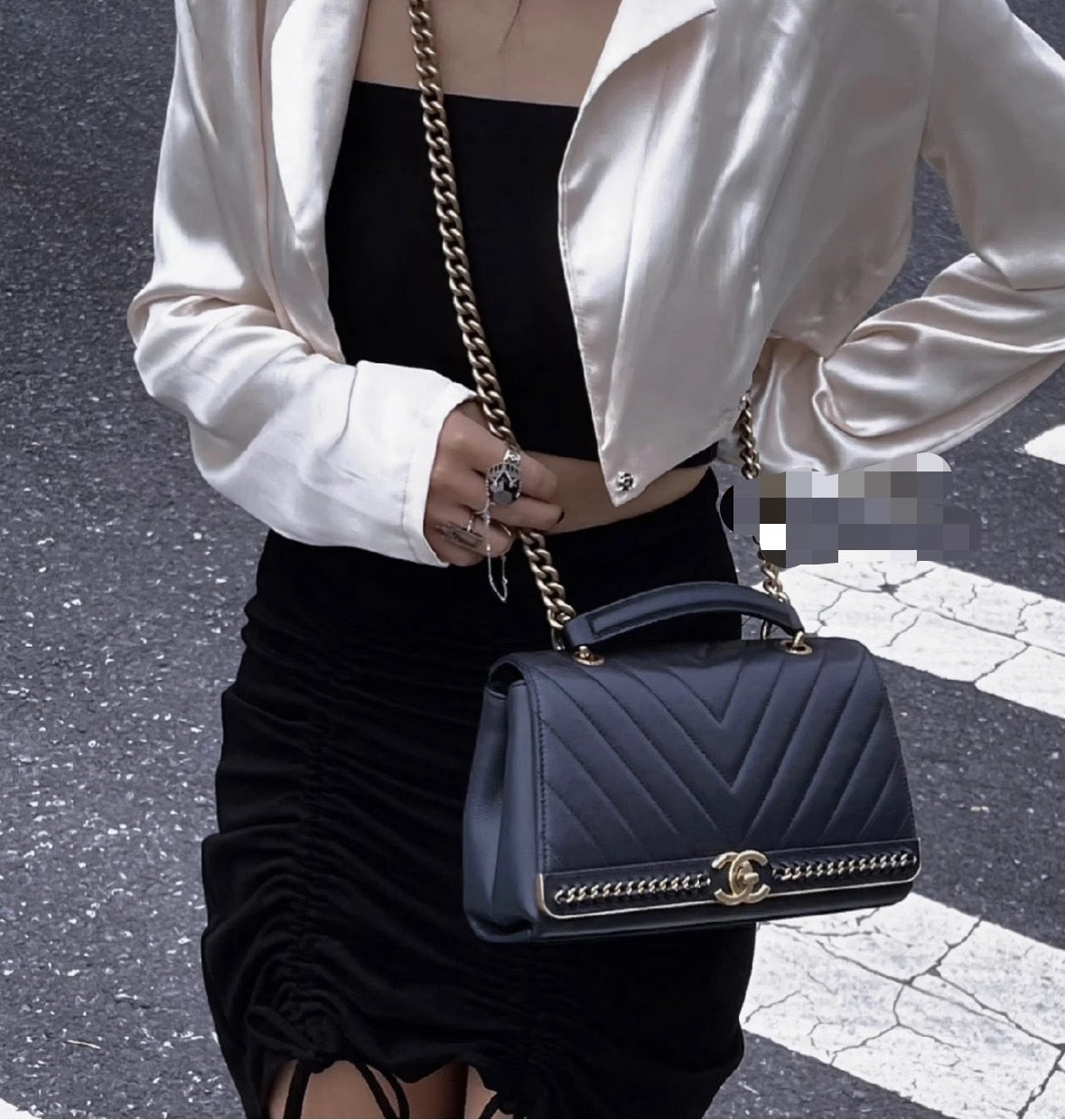 Chanel Chevron Chain Handle Flap Bag - Navy Blue / Gold Hardware (Series 24)