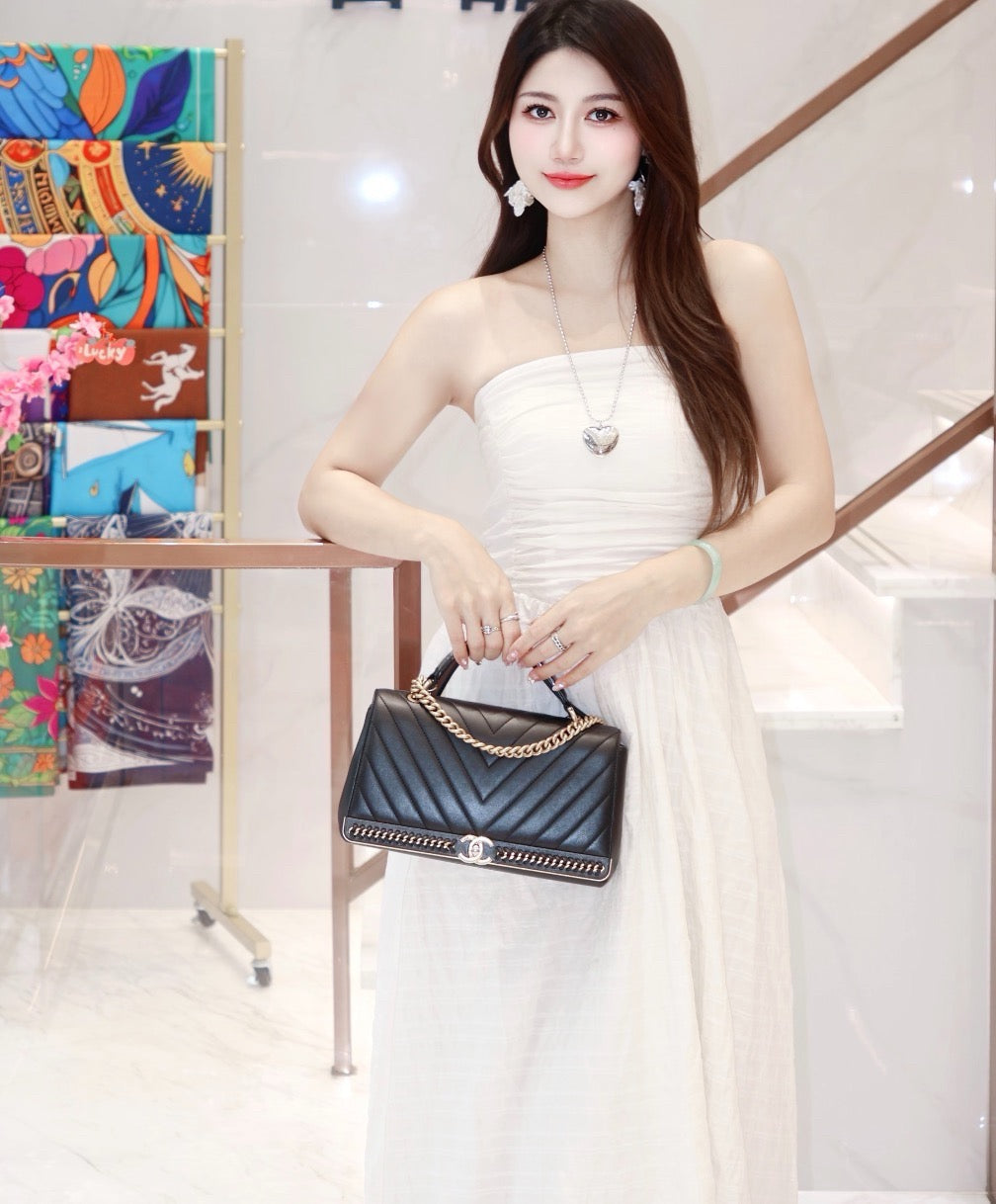 Chanel Chevron Chain Handle Flap Bag - Navy Blue / Gold Hardware (Series 24)