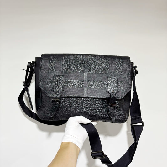 Burberry Black Leather Check Messenger Bag - Classic Commuter Bag