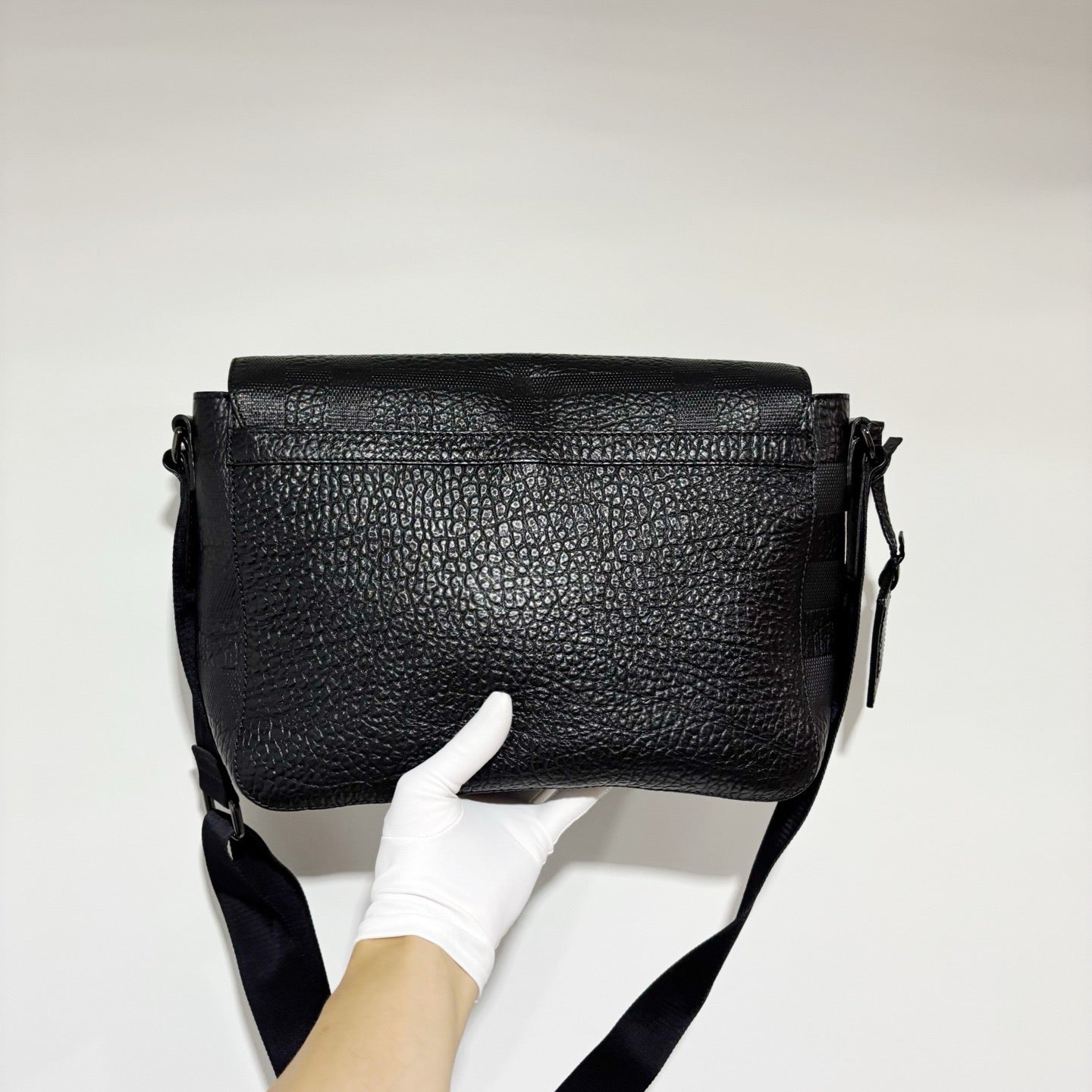 Burberry Black Leather Check Messenger Bag - Classic Commuter Bag