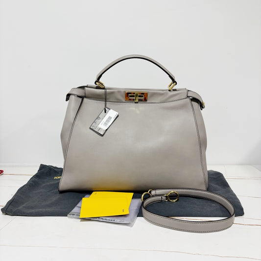 Fendi Large Peekaboo Bag - Grey Calfskin with Tortoiseshell & Gold Hardware