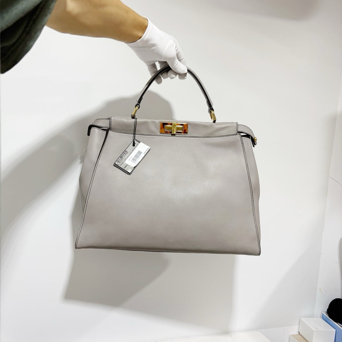 Fendi Large Peekaboo Bag - Grey Calfskin with Tortoiseshell & Gold Hardware