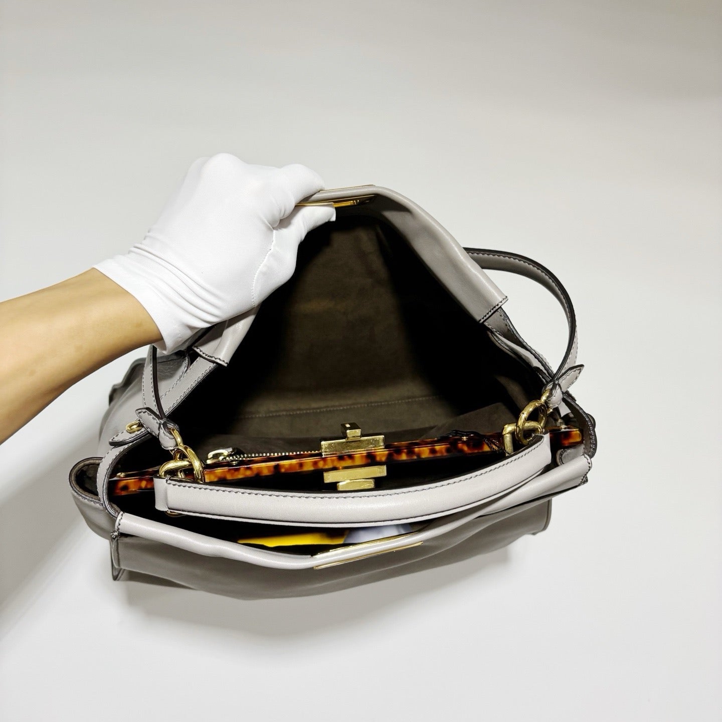Fendi Large Peekaboo Bag - Grey Calfskin with Tortoiseshell & Gold Hardware
