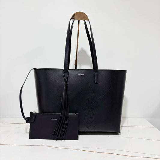 Saint Laurent (YSL) Large Black Leather Tote Bag - with Tassel Charm