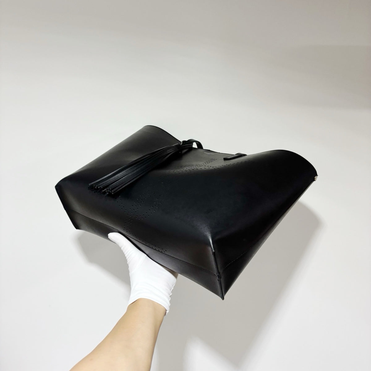 Saint Laurent (YSL) Large Black Leather Tote Bag - with Tassel Charm