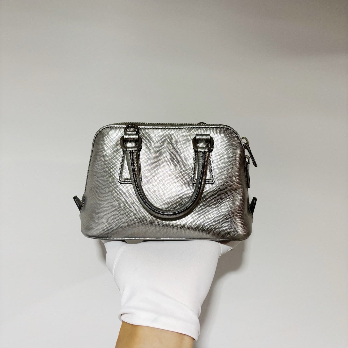 Prada Mini Shell Bag - Metallic Silver Saffiano Leather