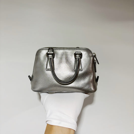 Prada Mini Shell Bag - Metallic Silver Saffiano Leather
