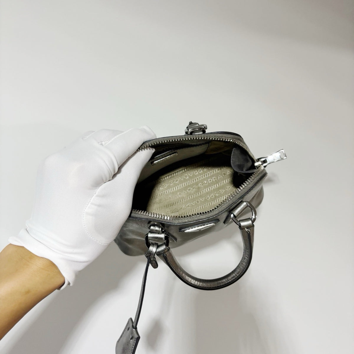 Prada Mini Shell Bag - Metallic Silver Saffiano Leather