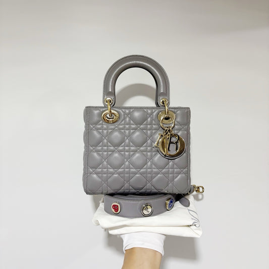 Dior Lady Dior Small (4-Gusset) - Grey Lambskin with Gold Hardware & Logo Strap