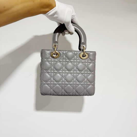 Dior Lady Dior Small (4-Gusset) - Grey Lambskin with Gold Hardware & Logo Strap
