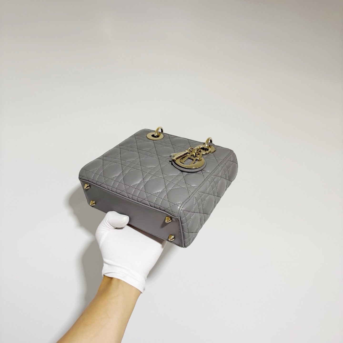 Dior Lady Dior Small (4-Gusset) - Grey Lambskin with Gold Hardware & Logo Strap