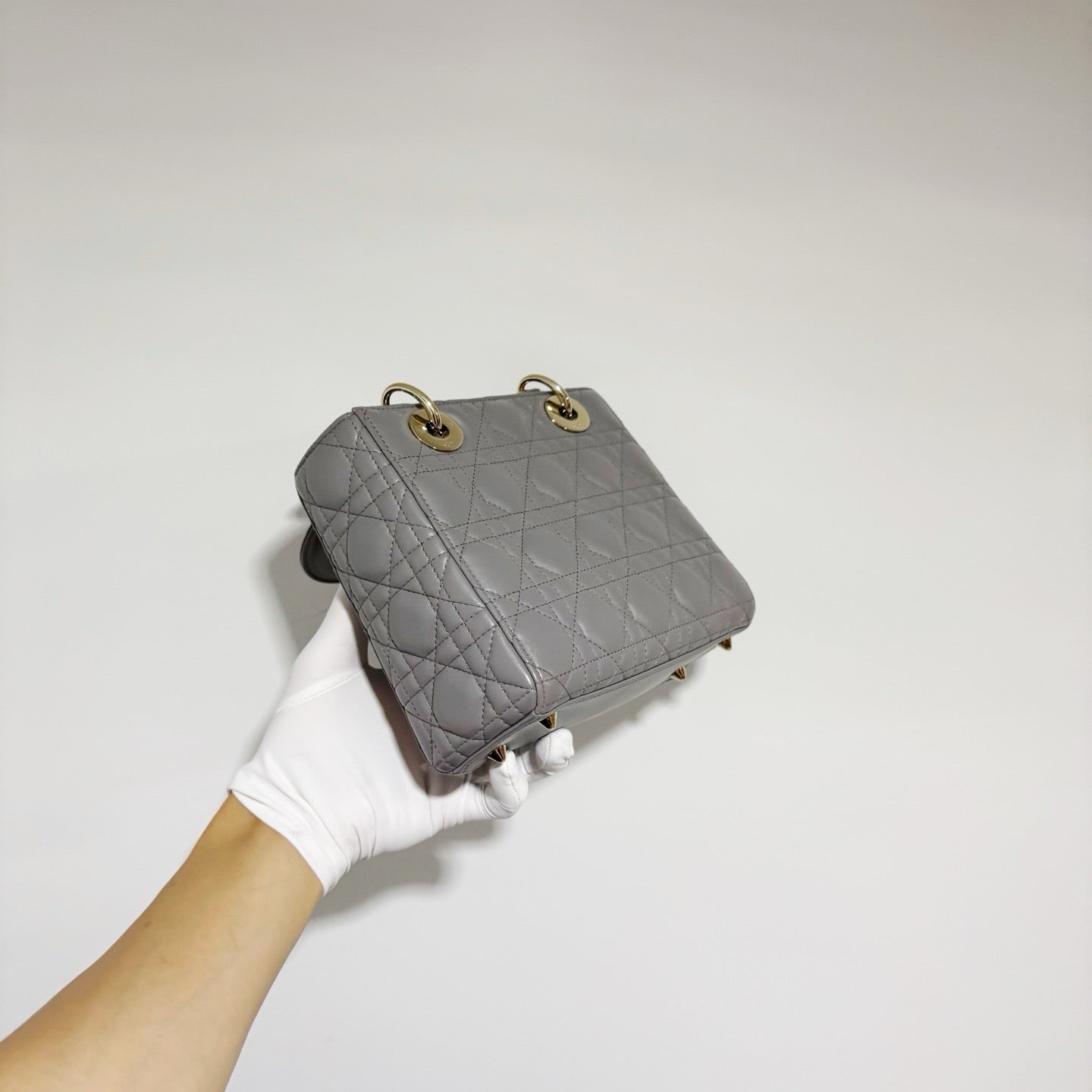 Dior Lady Dior Small (4-Gusset) - Grey Lambskin with Gold Hardware & Logo Strap