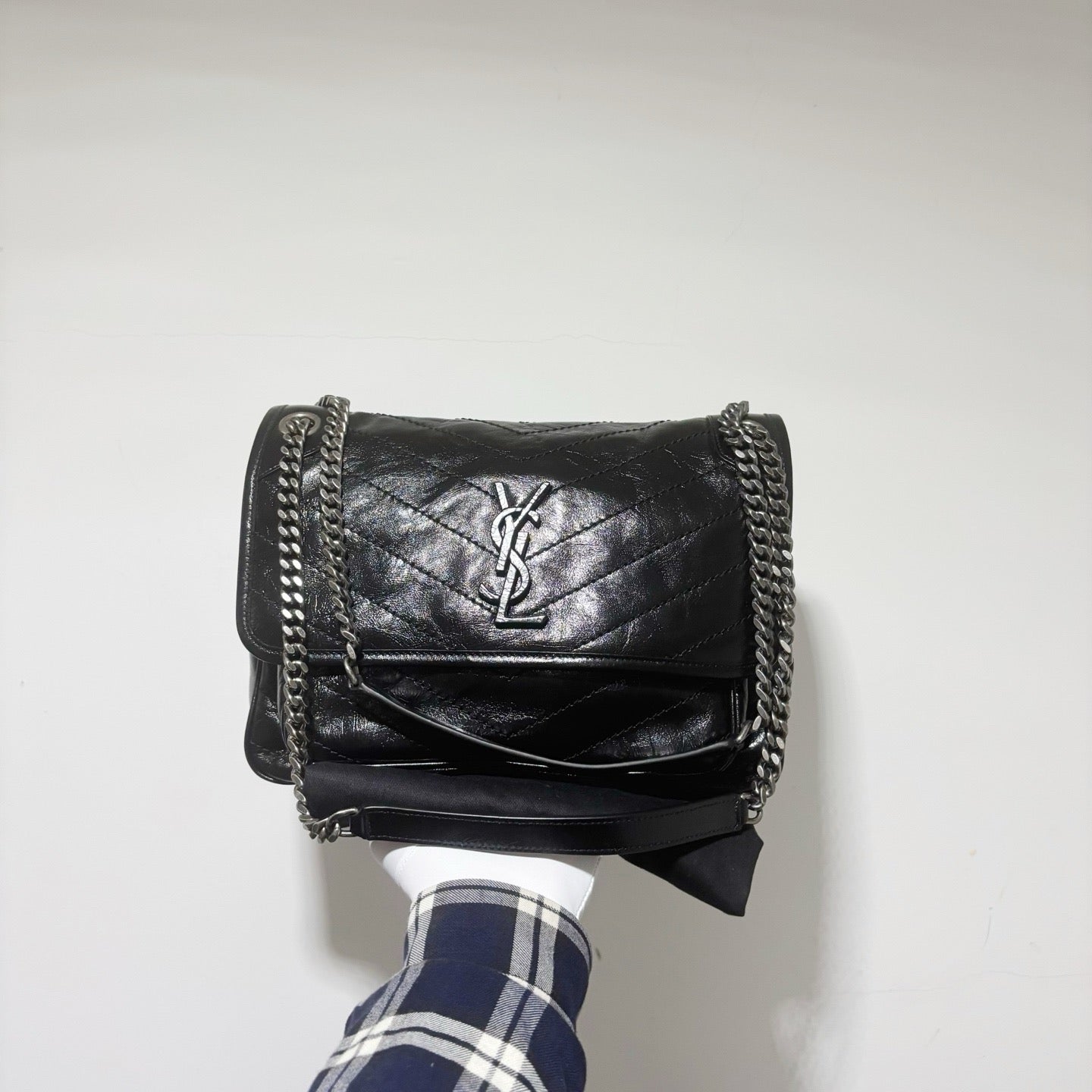 Saint Laurent (YSL) Niki Medium Chain Bag - Black Vintage Crinkled Leather with Matching Hardware (Brand New)
