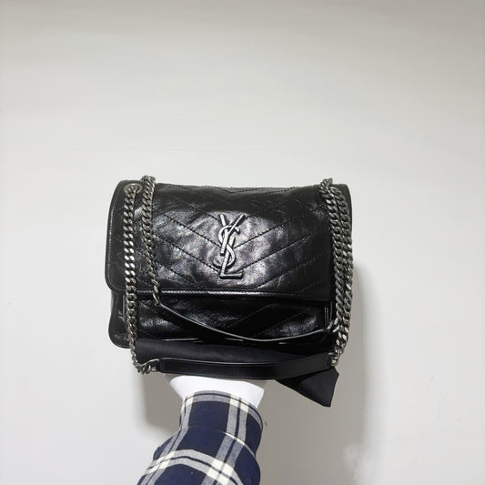 Saint Laurent (YSL) Niki Medium Chain Bag - Black Vintage Crinkled Leather with Matching Hardware (Brand New)