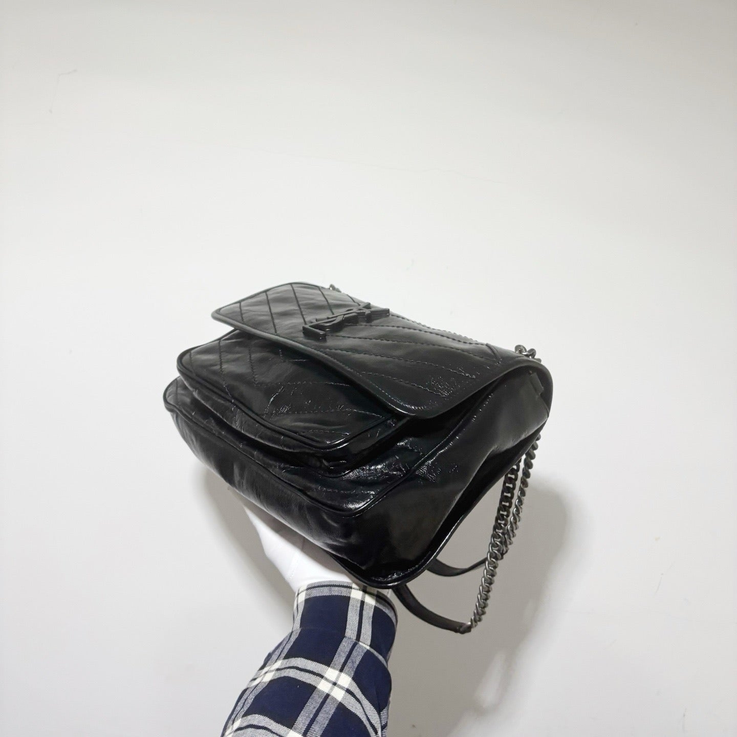 Saint Laurent (YSL) Niki Medium Chain Bag - Black Vintage Crinkled Leather with Matching Hardware (Brand New)