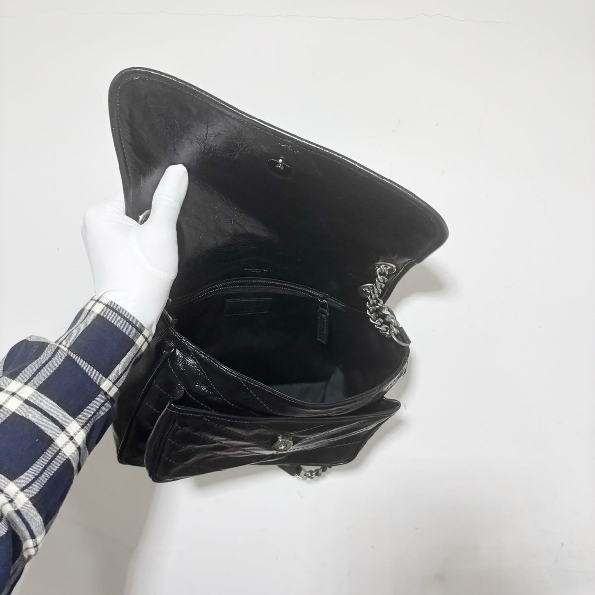 Saint Laurent (YSL) Niki Medium Chain Bag - Black Vintage Crinkled Leather with Matching Hardware (Brand New)