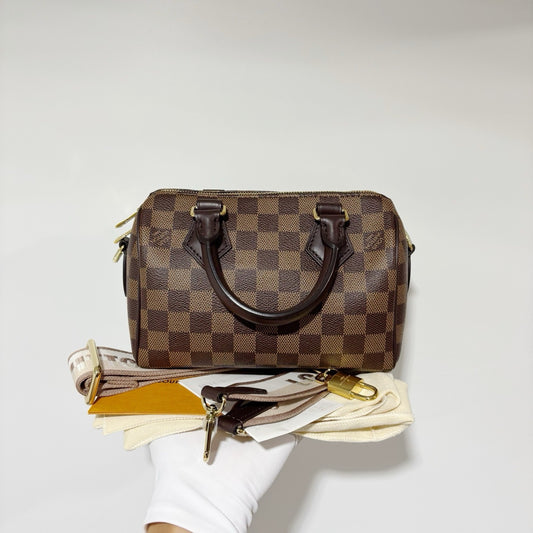 Louis Vuitton Speedy Bandoulière 20 - Damier Ebene Canvas with Milk Tea / Beige Wide Strap